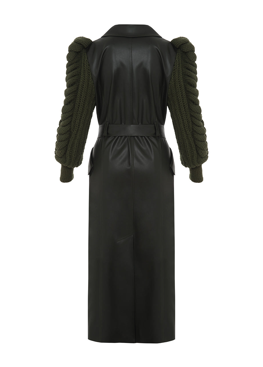 FAUX LEATHER COAT WITH KNITTED SLEEVES