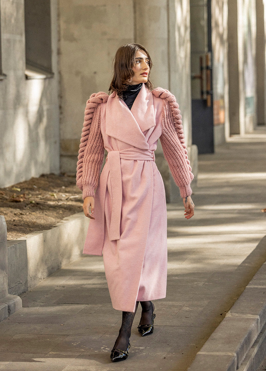 PINK COAT WITH KNITTED SLEEVES