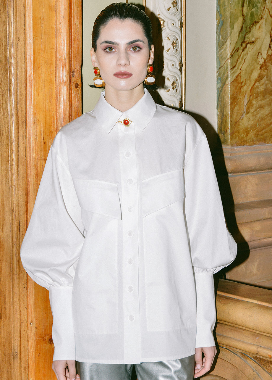 WHITE COTTON SHIRT WITH BOLD POCKETS