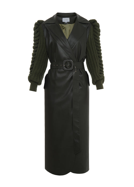FAUX LEATHER COAT WITH KNITTED SLEEVES