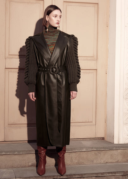 FAUX LEATHER COAT WITH KNITTED SLEEVES