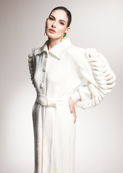 KNIT BELTED WHITE COAT