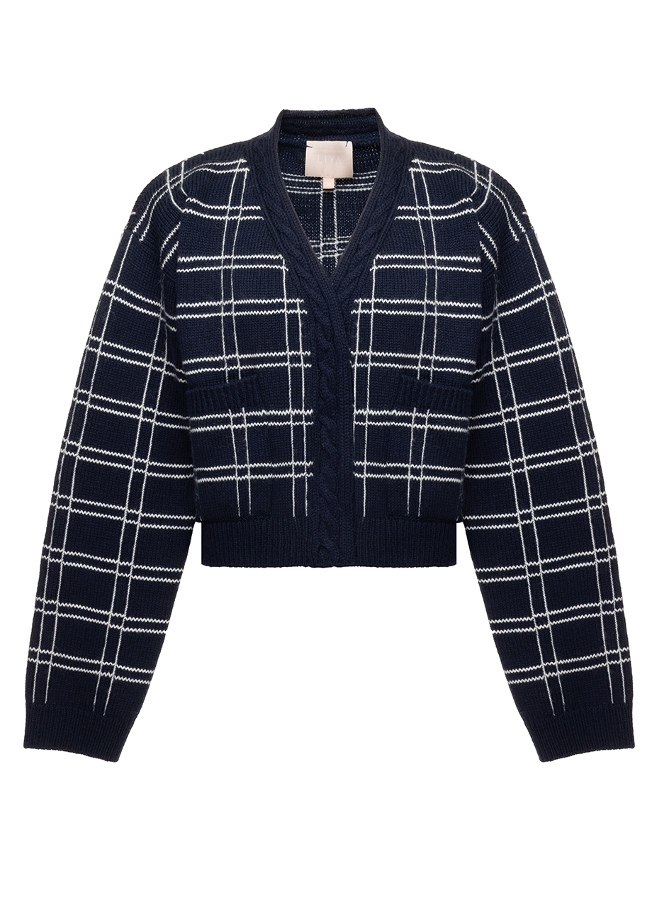 NAVY CHECKED CARDIGAN