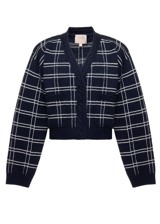 NAVY CHECKED CARDIGAN