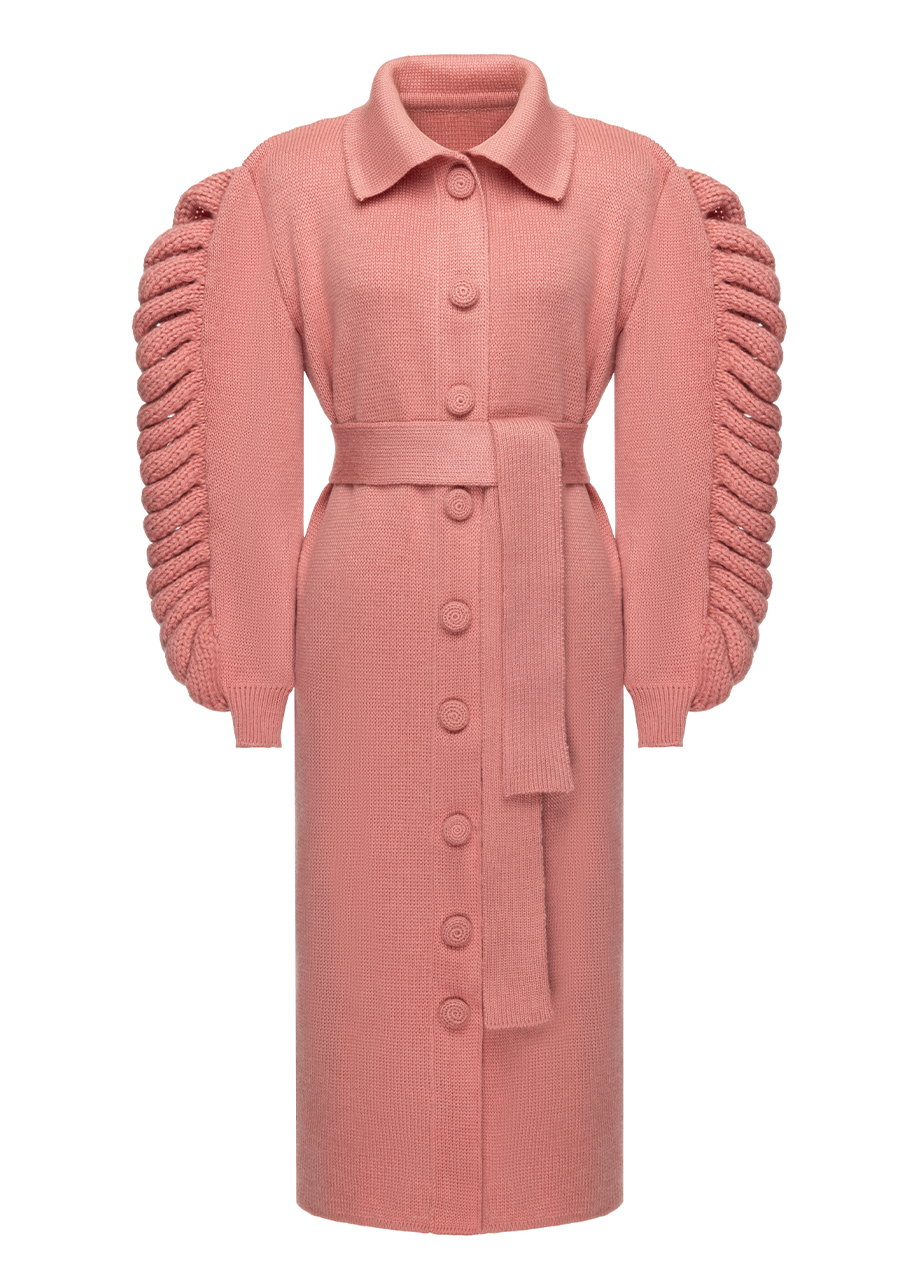 KNIT BELTED PINK COAT
