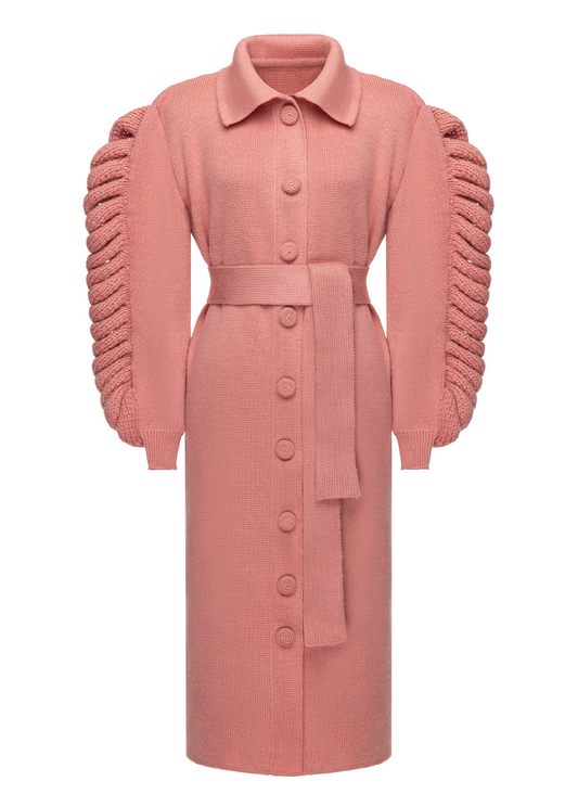 KNIT BELTED PINK COAT