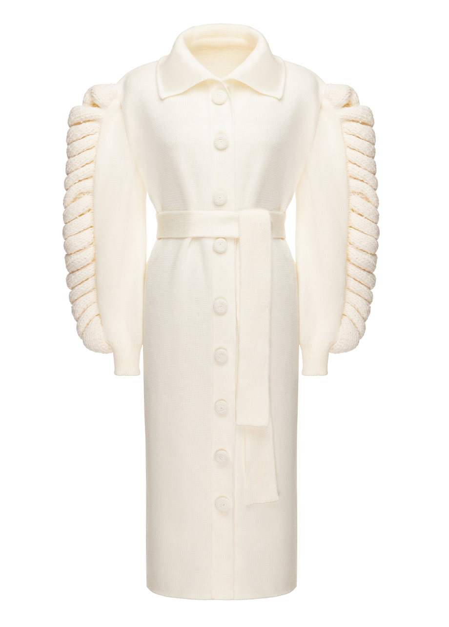 KNIT BELTED WHITE COAT