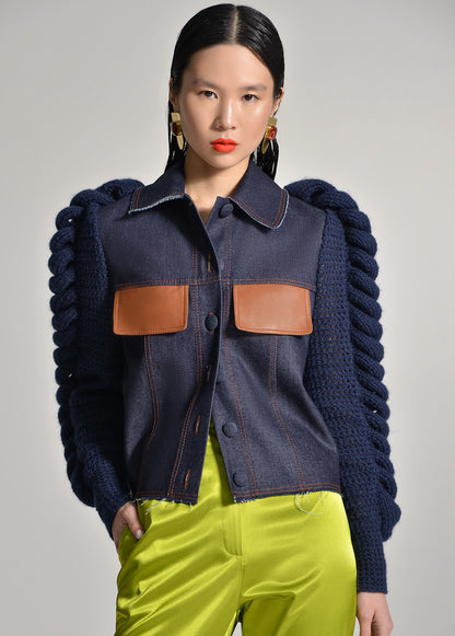 DENIM BLAZER WITH KNITTED SLEEVES