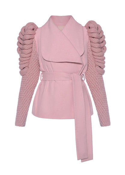 BELTED COAT WITH KNITTED SLEEVES