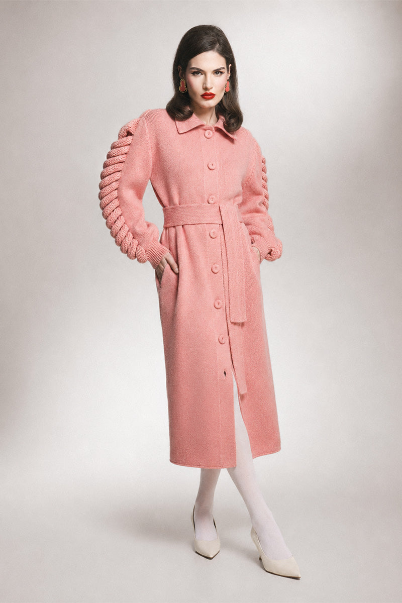 KNIT BELTED PINK COAT