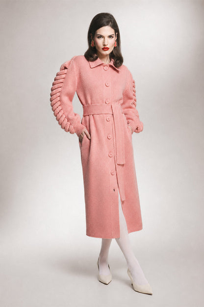 KNIT BELTED PINK COAT
