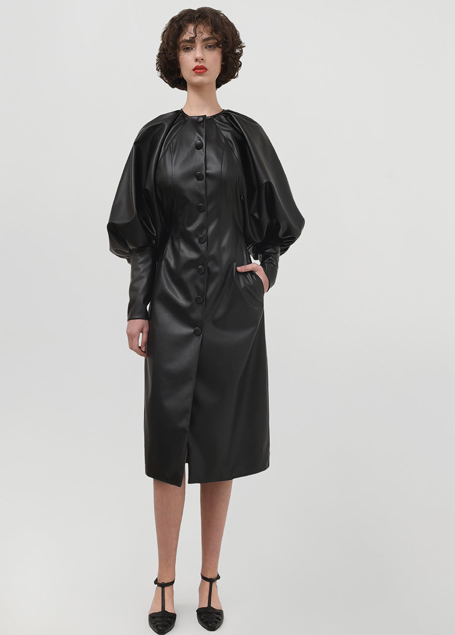 POWER LEATHER BALLOON SLEEVES DRESS