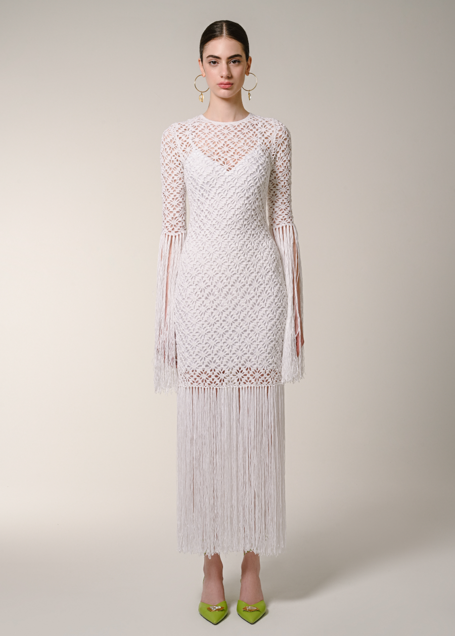 white long sleeve fringe dress Bella and Bloom Boutique