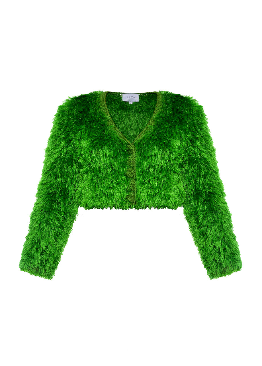 Green fluffy cardigan hotsell