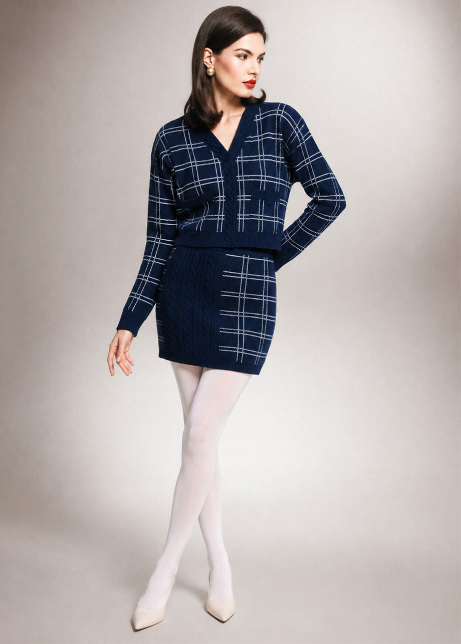 NAVY CHECKED CARDIGAN