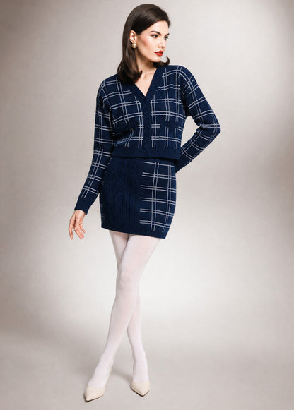 NAVY CHECKED CARDIGAN