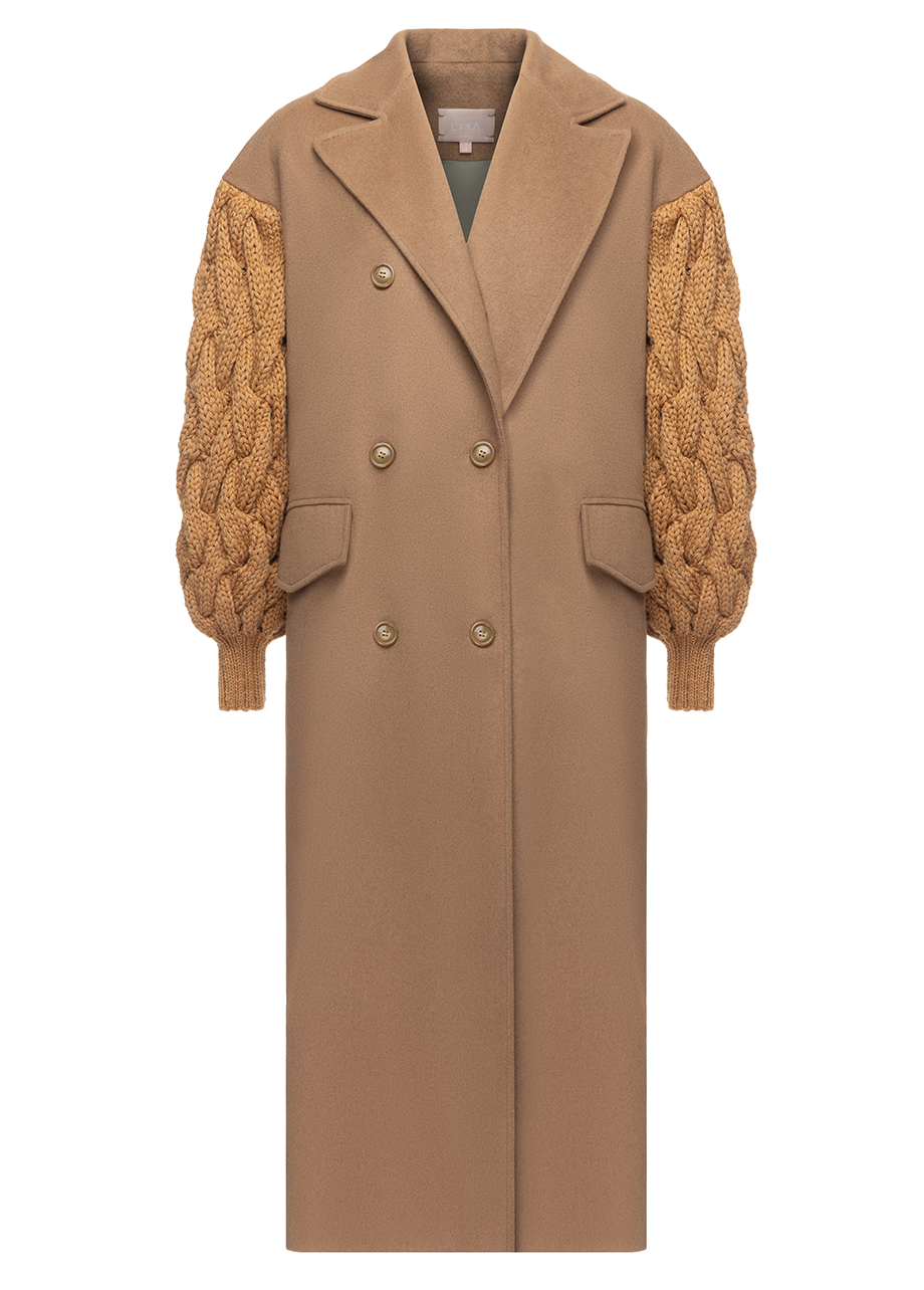 CAMEL KNIT-SLEEVE COAT