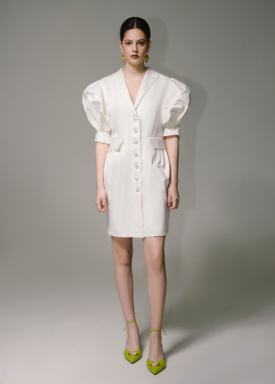 White denim puff sleeves dress FR 38