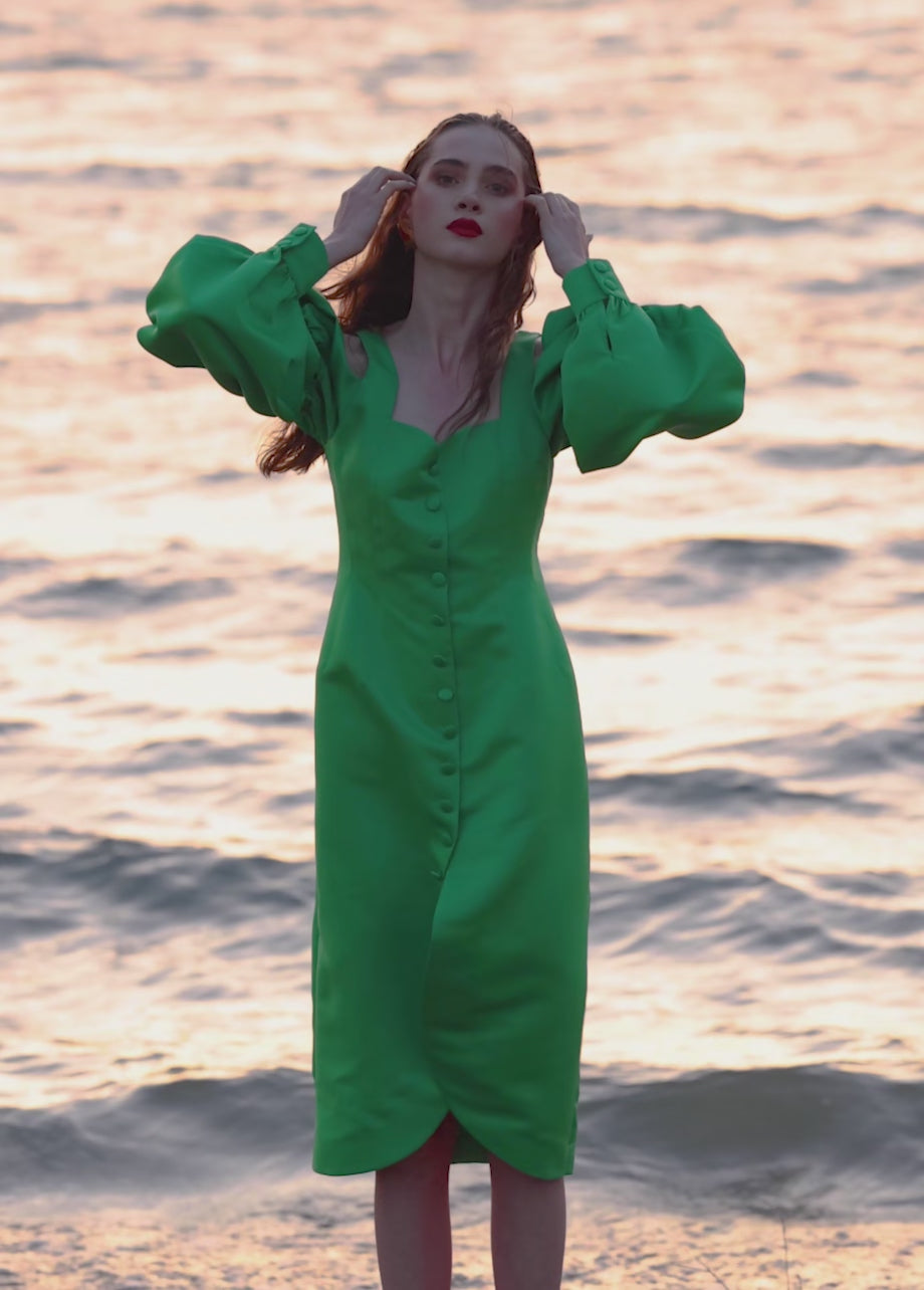 GREEN PUFF SLEEVES DRESS