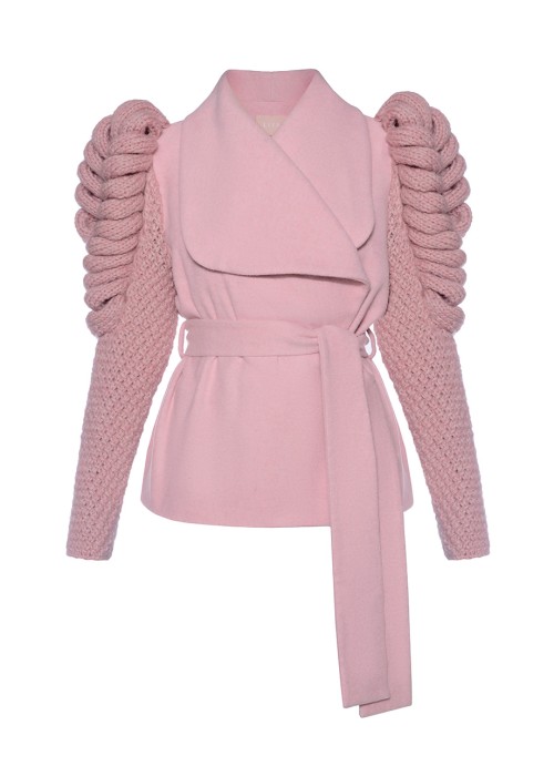 BELTED COAT WITH KNITTED SLEEVES